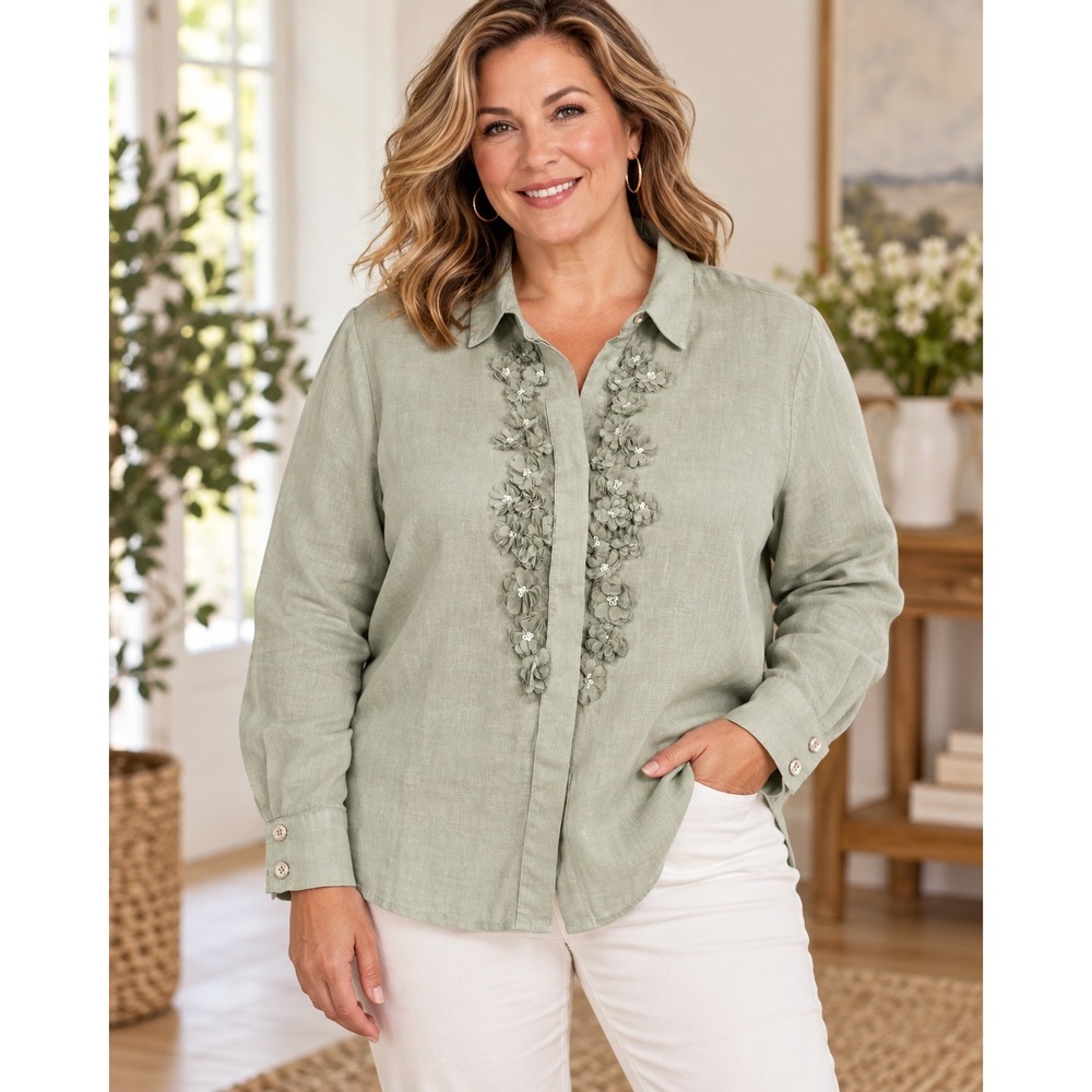 Chico's Blouse Sage Green Linen 3D Floral Applique Sequin Button Down Size 4 20